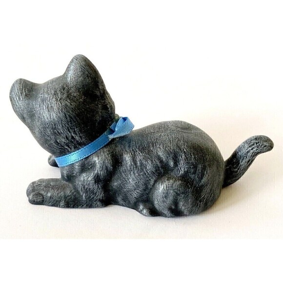 Spooky Black Kitty Cat Figurine Boy Kitten Green Eyes Blue Bow Small Halloween - Picture 2 of 7